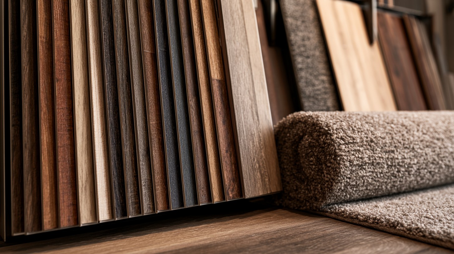 A flooring display rack of Mohawk wood and laminate boards beside a rolled carpet in a Sacramento showroom
