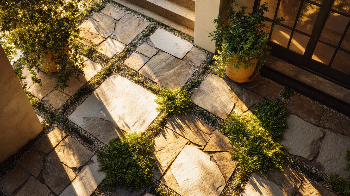 Natural stone pavers in mixed warm tones laid in a courtyard with swept sand joints and planted thyme between gaps