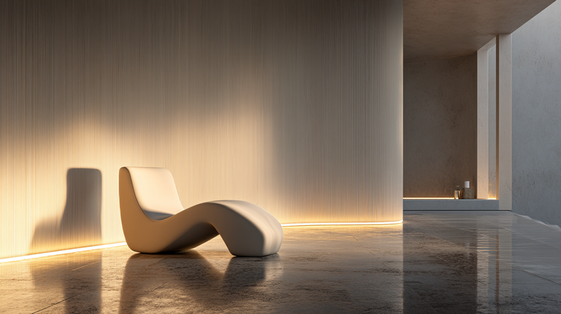 Calm interior with honed travertine wall, soft daylight, low oak bench, and quiet negative space lowering nervous-system load