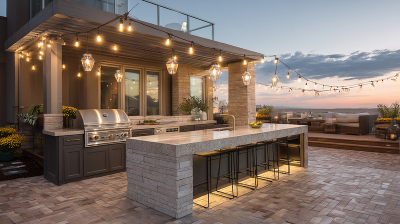 Outdoor kitchen with porcelain slab counter, granite prep ledge, and stainless cabinets weathering under a shade structure
