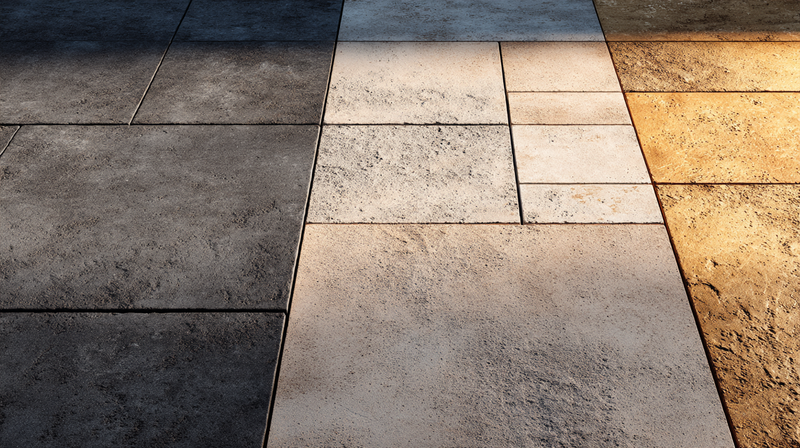 Outdoor tile patio terrace transitioning between three coordinated tile fields in warm sand to graphite tones at evening