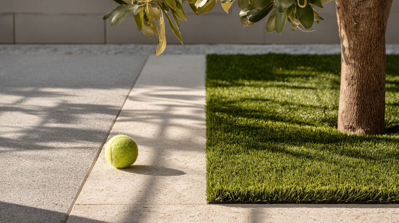 Pet-first backyard with turf zone, gap-jointed cream pavers, and a shaded oak bench, late-afternoon shadow across the yard
