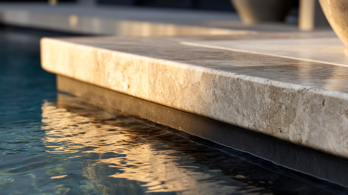 Cream travertine bullnose pool coping wrapping a black-bottom pool, water lapping the edge at golden hour