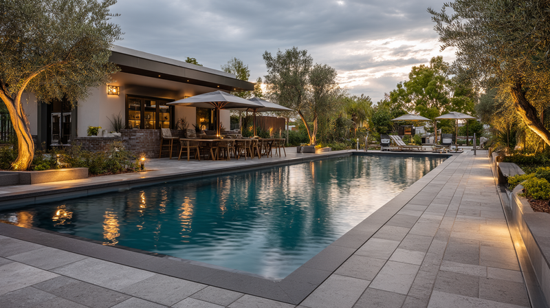 Slip-rated travertine pool deck in warm cream wrapping a black-bottom pool, dappled shade and lounge chairs at golden hour