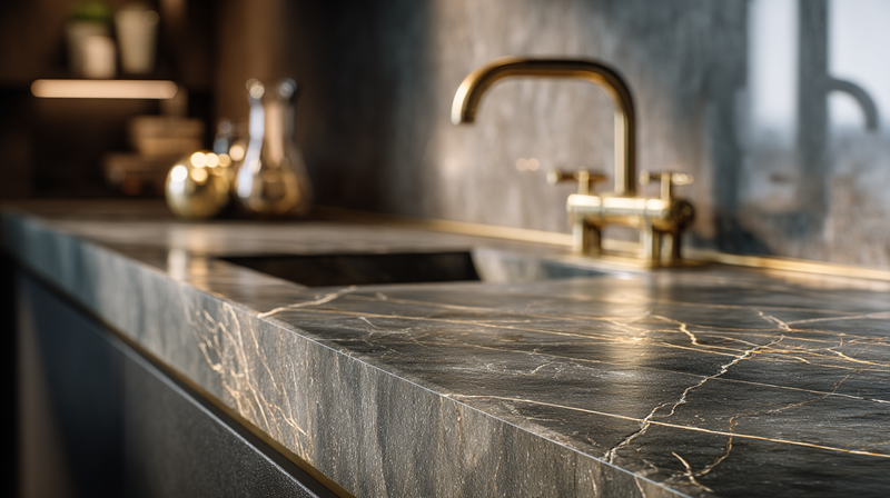 Large-format porcelain slab countertop in book-matched warm graphite with integrated sink and brass tap