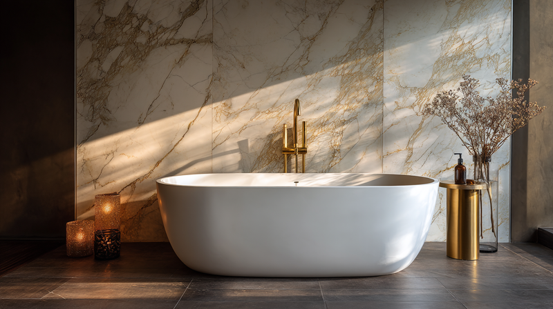 Full-height book-matched porcelain slab wall cladding in warm graphite veining behind a waterfall island, 2026 interior detail