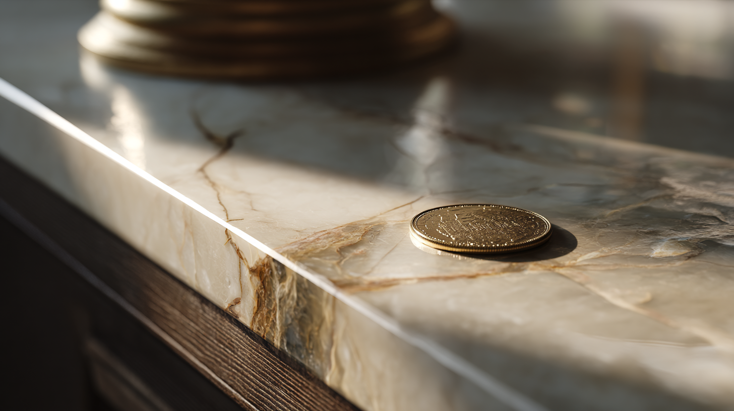 Layered premium surfaces — quartzite slab, travertine paver, oak plank — stacked against a warm graphite wall, studio still-life