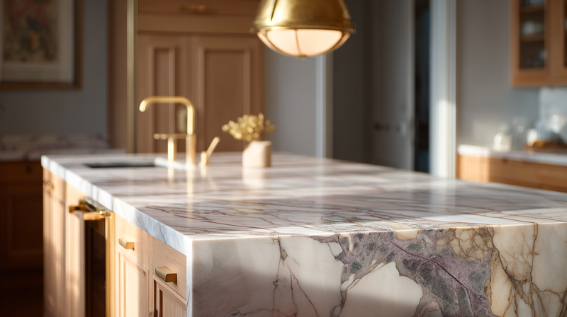 White quartzite kitchen island with deep grey veining, brass pendant light, and warm oak cabinetry edge
