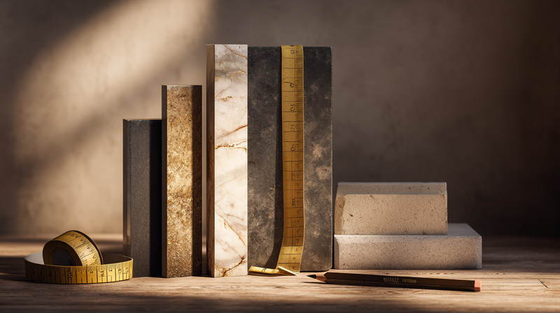 Three slab samples — quartzite, marble, and granite — leaning against a warm graphite wall in a buyer's guide studio still-life