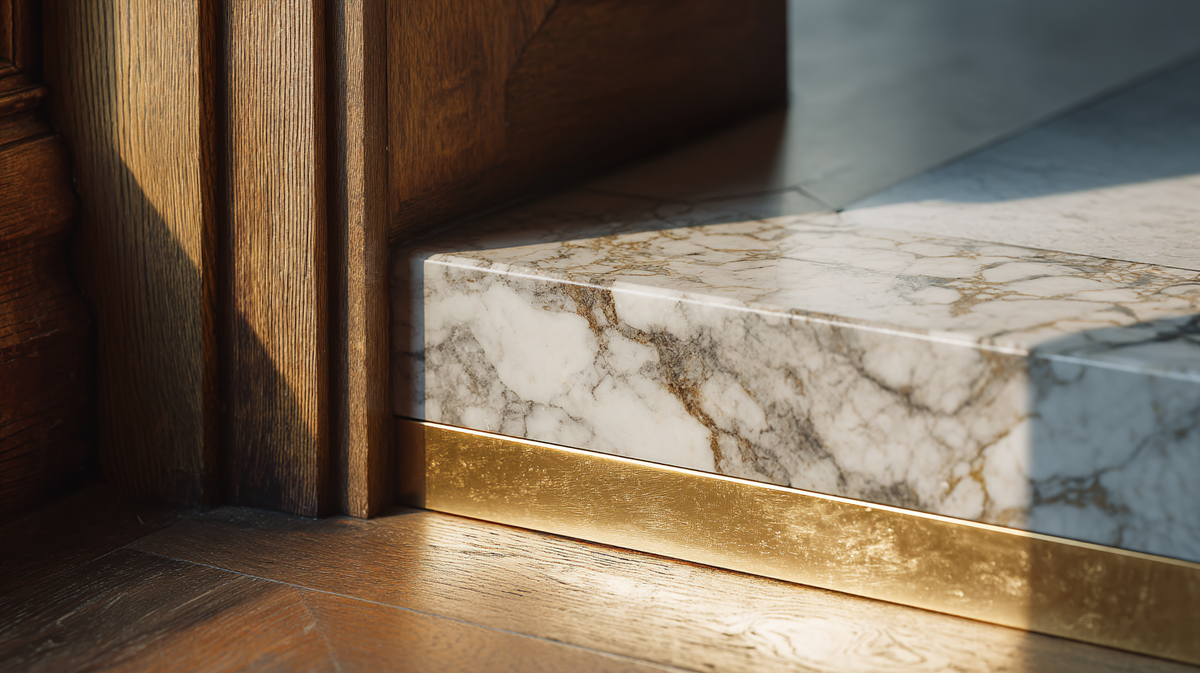 Brass-inlaid stone threshold marking the transition between marble bath floor and wide-plank oak hallway, doorway detail