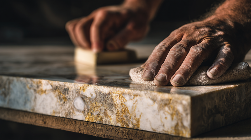 Hand applying penetrating sealer to honed travertine countertop with applicator pad, close-up of bead-up test on stone surface
