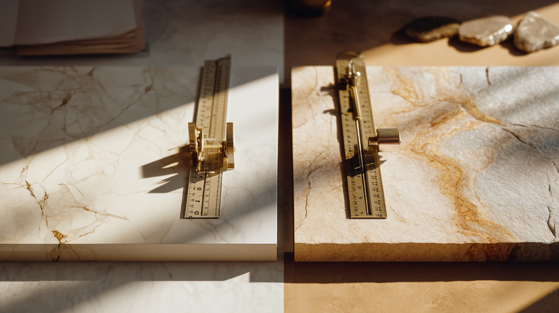Sintered stone slab and natural quartzite slab side by side in a studio comparison, edge profiles and surface texture in detail