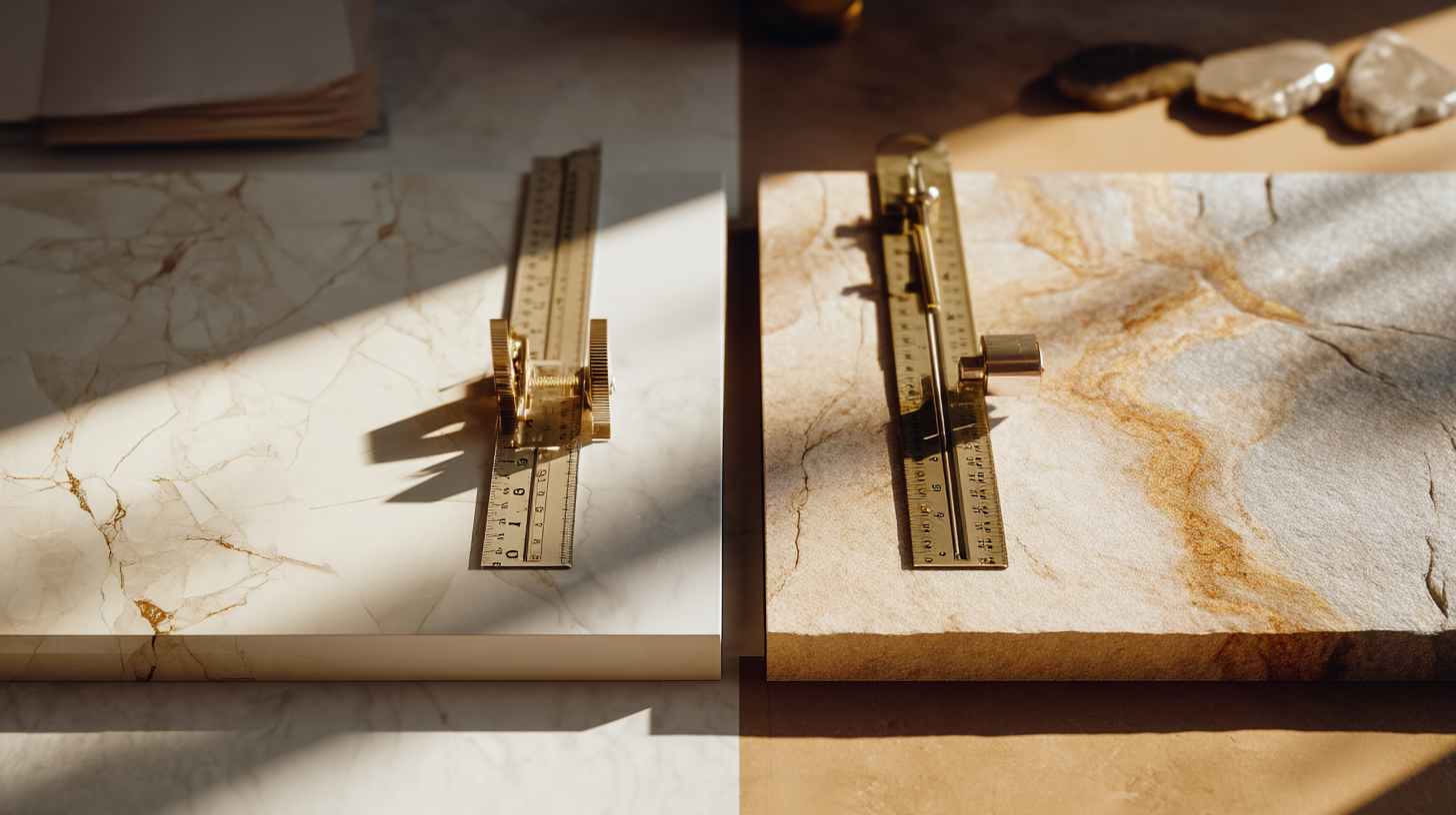 Sintered stone slab and natural quartzite slab side by side in a studio comparison, edge profiles and surface texture in detail