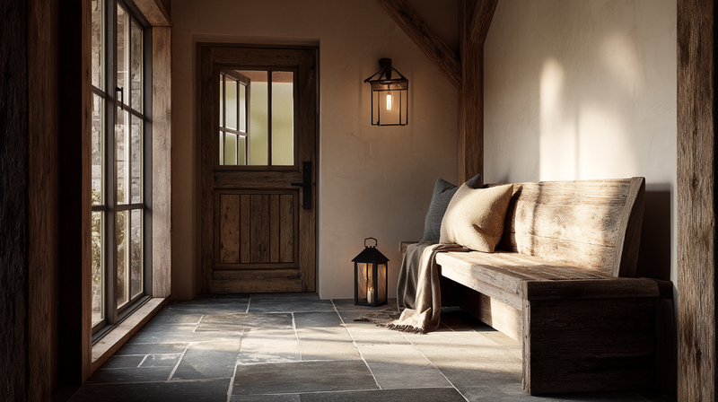 Natural cleft slate tile flooring in a mountain-modern entry hall with weathered oak bench