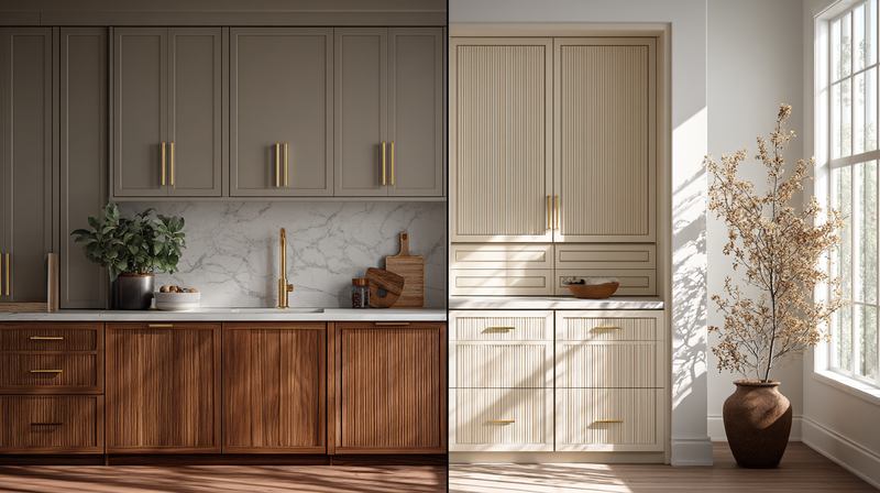Slim shaker and textured slab cabinet door samples in white oak and graphite, framed vs frameless comparison