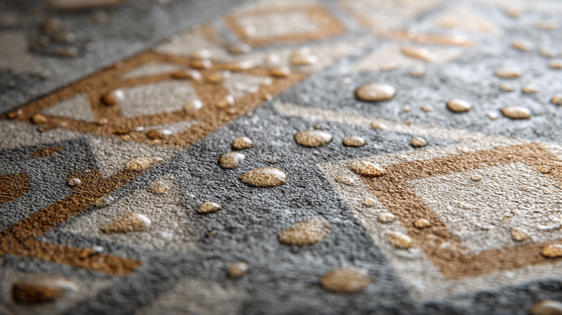 Bare foot stepping onto wet textured porcelain pool deck tile, water beading on slip-rated R11 surface in close-up detail