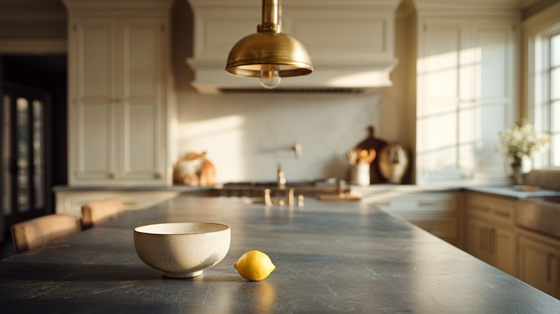 Soft-edge soapstone kitchen counter in deep graphite with developing patina, paired with light cream cabinetry and brass tap