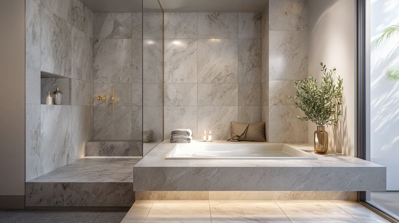Spa bathroom detail with linear drain, recessed niche, and book-matched marble slab wall behind a deep soaking tub