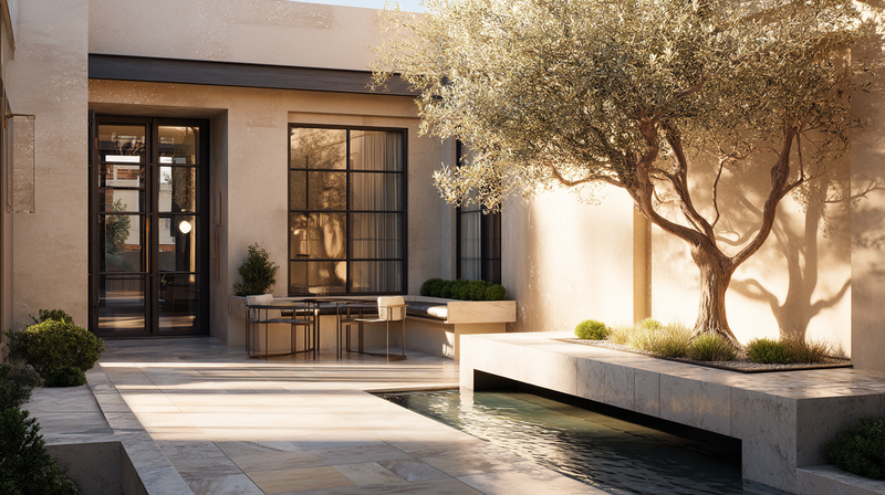 Honed cream travertine paving in a Mediterranean-modern courtyard with olive tree and water feature at golden hour