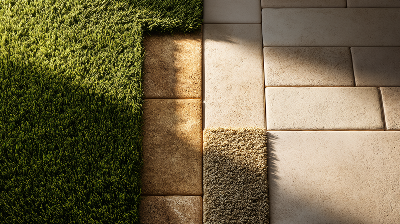 Three artificial turf textures with different pile heights side by side, paver-bordered garden detail at sunset