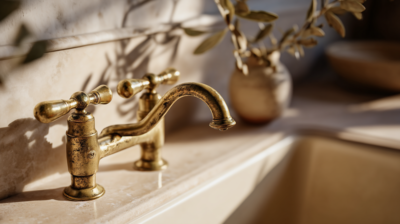 Unlacquered brass kitchen faucet developing rich patina against honed marble counter, soft window light highlighting the finish