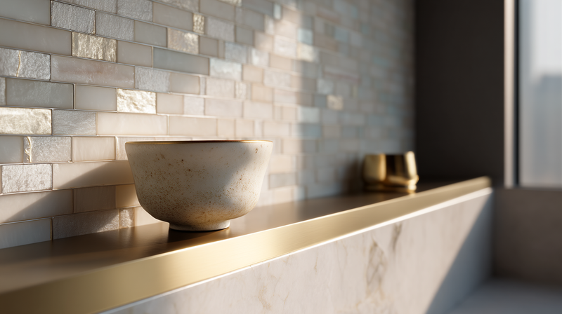 Wall tile backsplash with subtle vertical texture in warm cream, brass sconce grazing the surface in a quiet kitchen