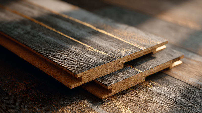 Waterproof rigid core SPC plank floor in warm oak tone with cross-section sample showing core layers, kitchen-edge install