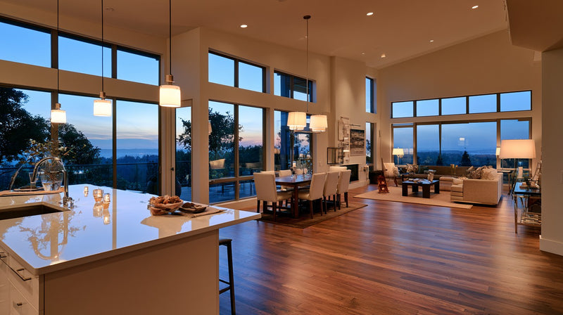 An open plan Sacramento great room with hardwood flooring running through the living and dining areas