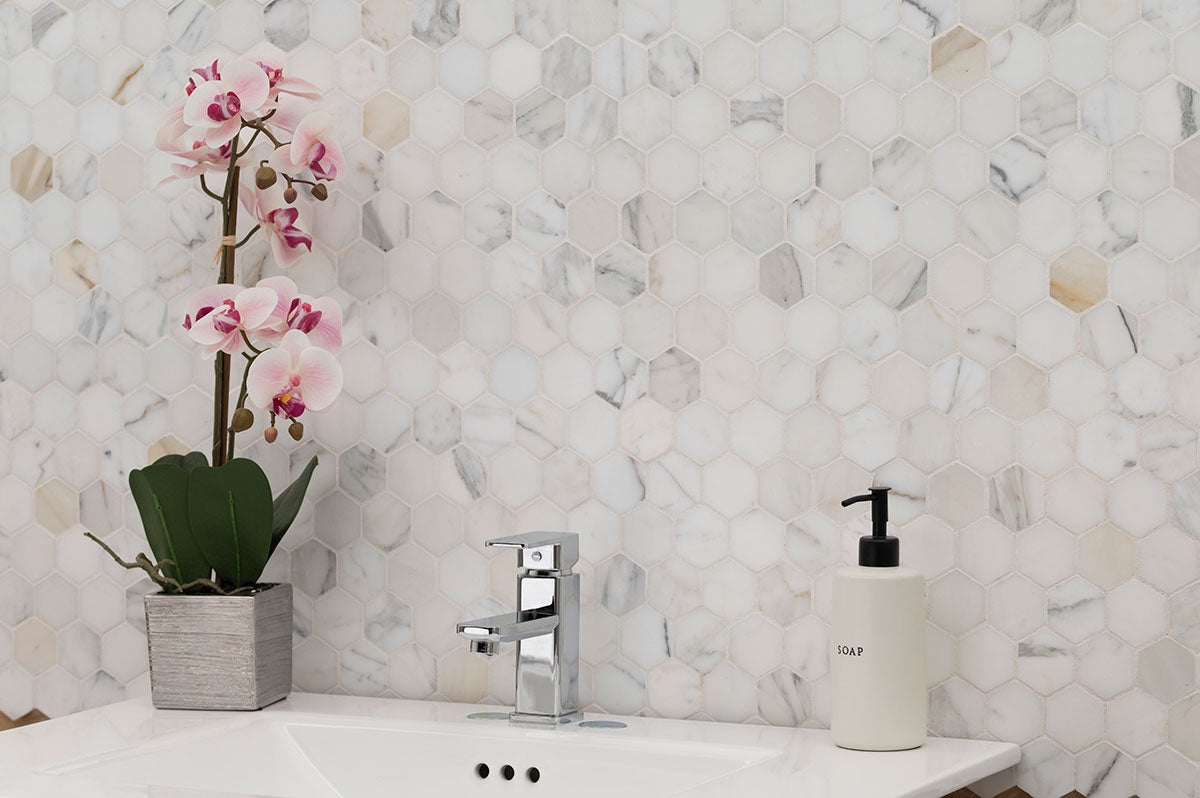 Calacatta Gold Marble Hexagon Mosaic Backsplash Tile in Bathroom Room Scene