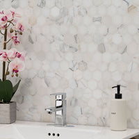 Calacatta Gold Marble Hexagon Mosaic Backsplash Tile in Bathroom Room Scene
