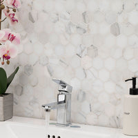 Calacatta Gold Marble Hexagon Mosaic Backsplash Tile in Bathroom Room Scene
