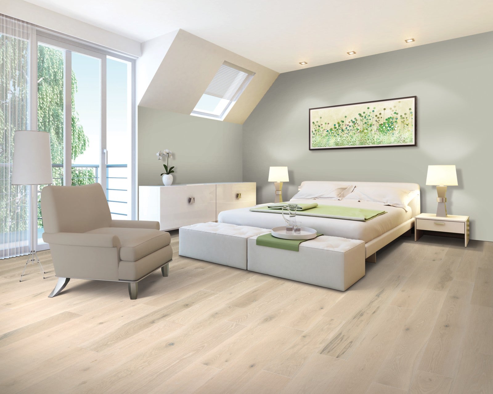 Mohawk Coastal Couture Plus in White Cap Oak, Engineered Wood room scene