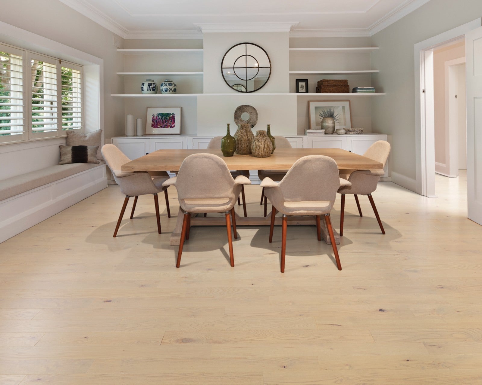 Mohawk Caspian Cliffs in Whitewater Oak, Engineered Wood room scene