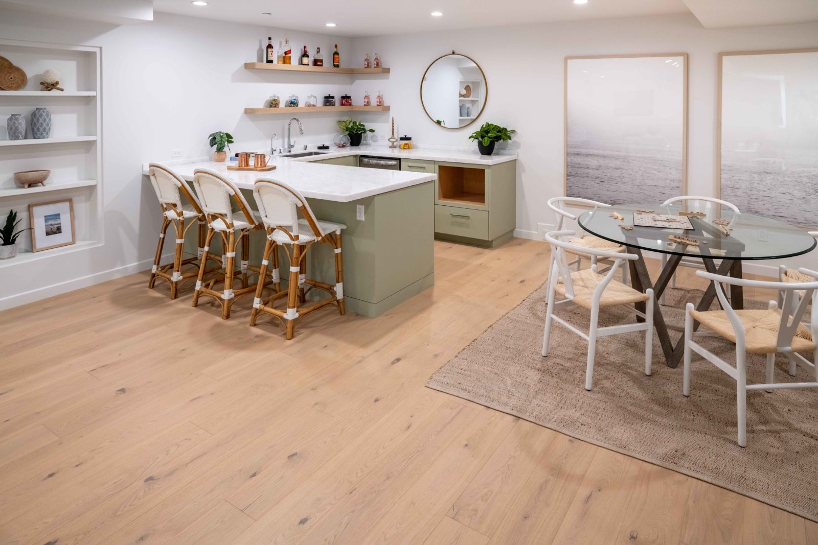 Allora Aria European Oak engineered hardwood flooring installed in a bright, open-plan living space.