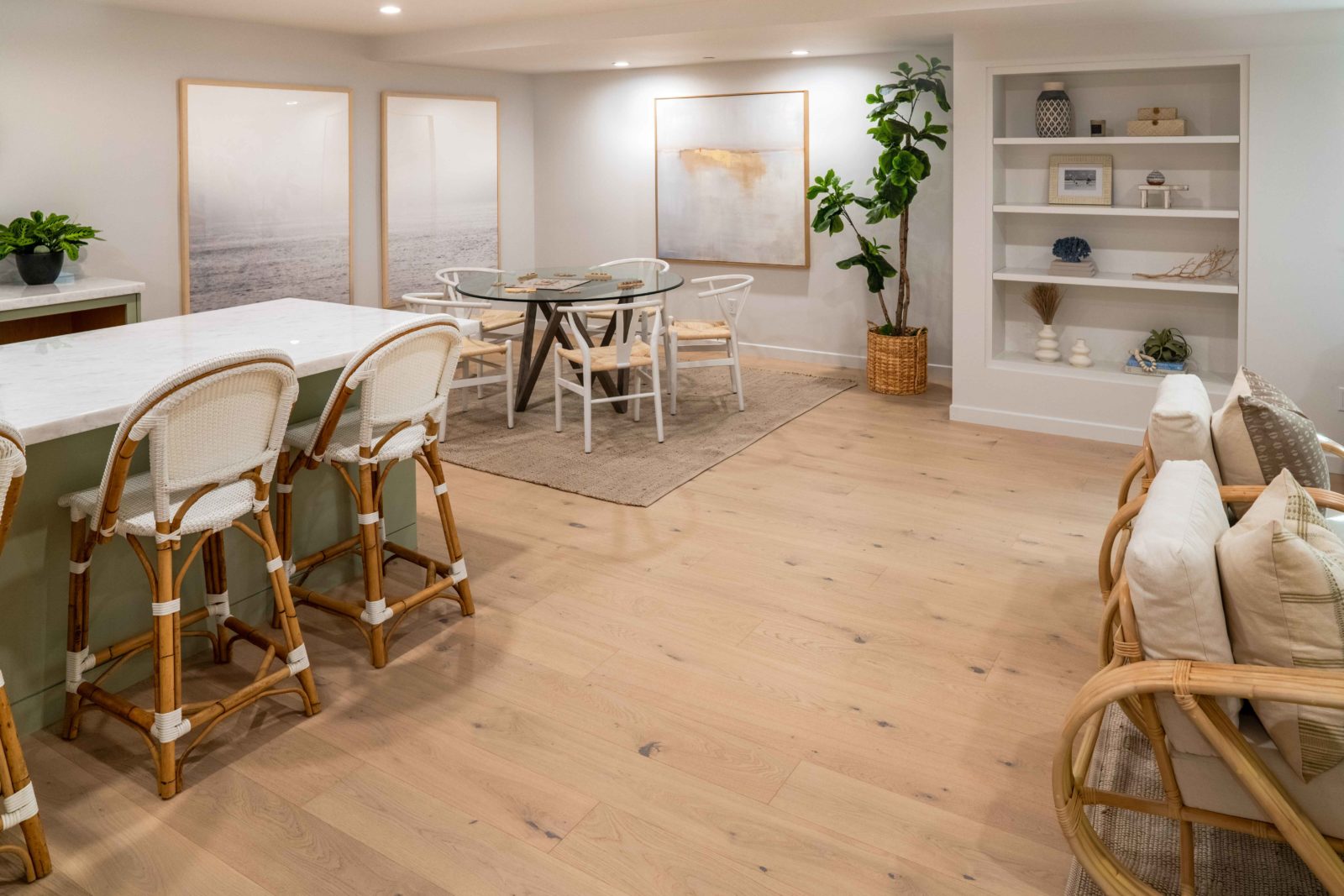 Allora Aria European Oak engineered hardwood flooring installed in a bright, open-plan living space.