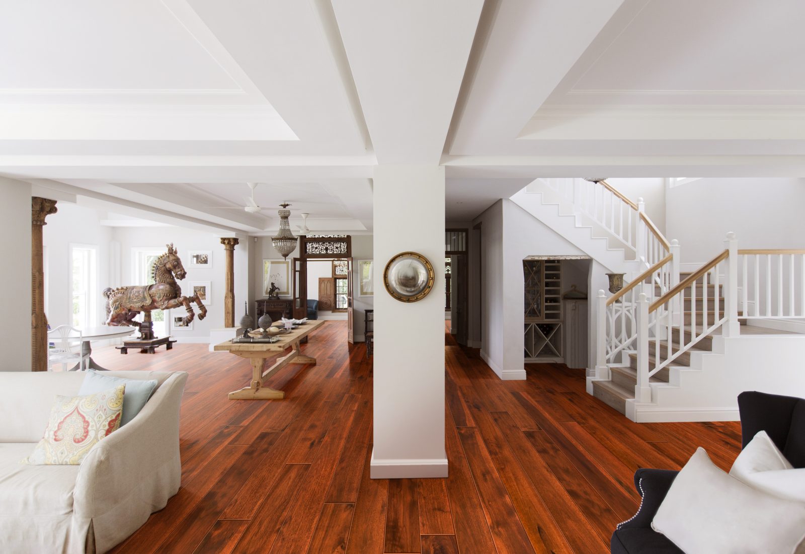 Dark walnut Garrison II Smooth Antique engineered hardwood floor installed in a modern residential interior