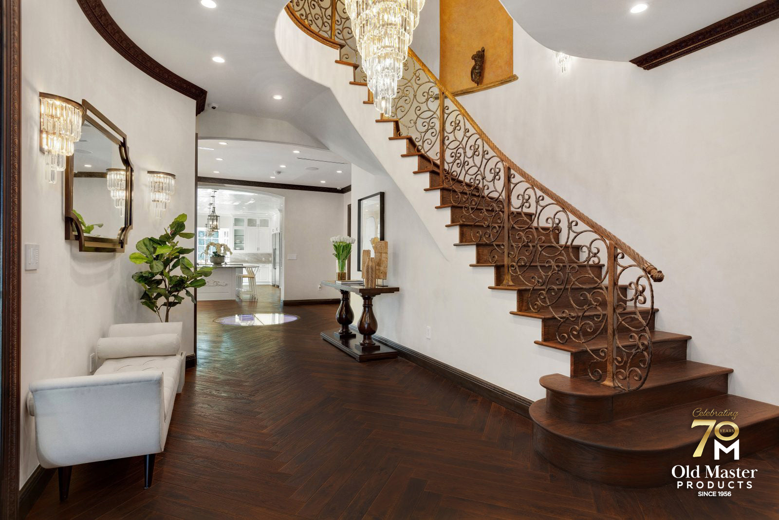 Room scene with Garrison Legends Caffe Herringbone engineered hardwood floor in a herringbone pattern, dark espresso oak
