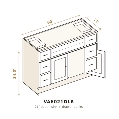 Roasted Espresso Shaker Vanity Base 60" with Drawers, Left & Right