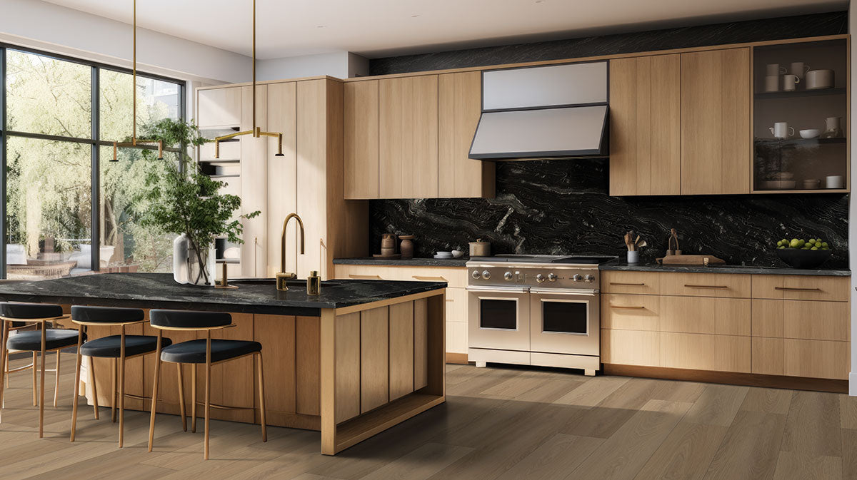 MSI Agatha Black granite countertop room scene, in a kitchen