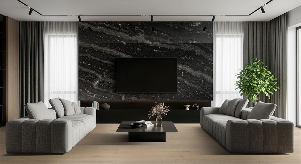 MSI Agatha Black Granite — surface detail in black tonality factory-finished eased edge ready for install