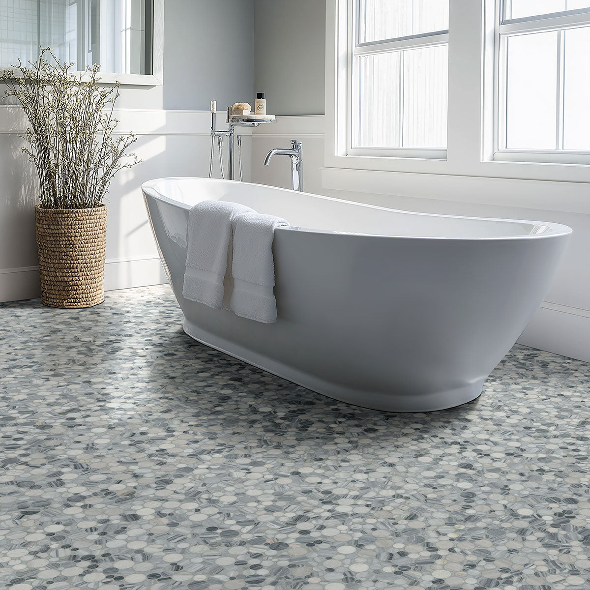 MSI Alaska Gray Pebble Polished Tile — surface detail in gray tonality