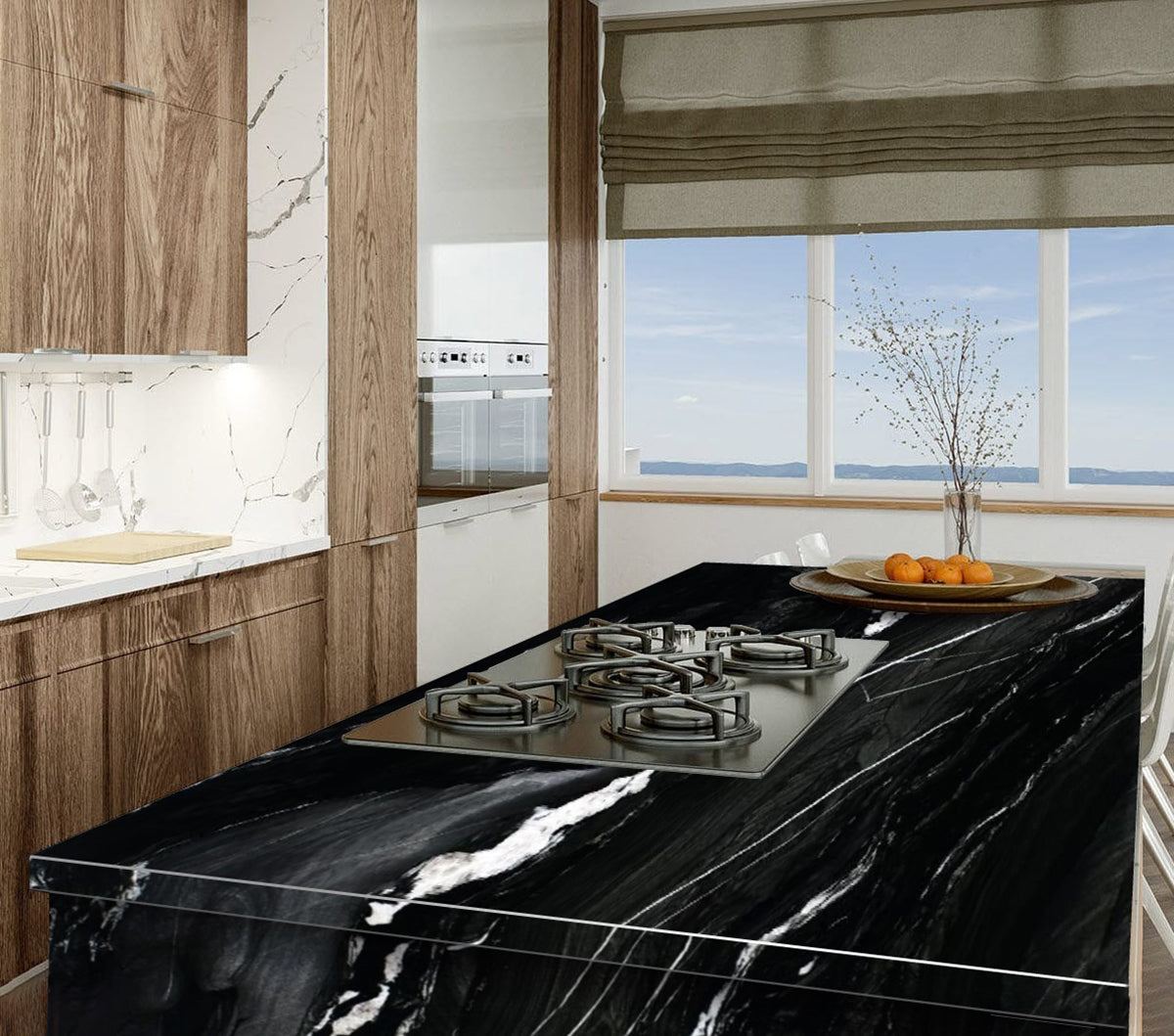 MSI Andes Black — surface detail in black tonality metamorphic crystalline slab for kitchen install