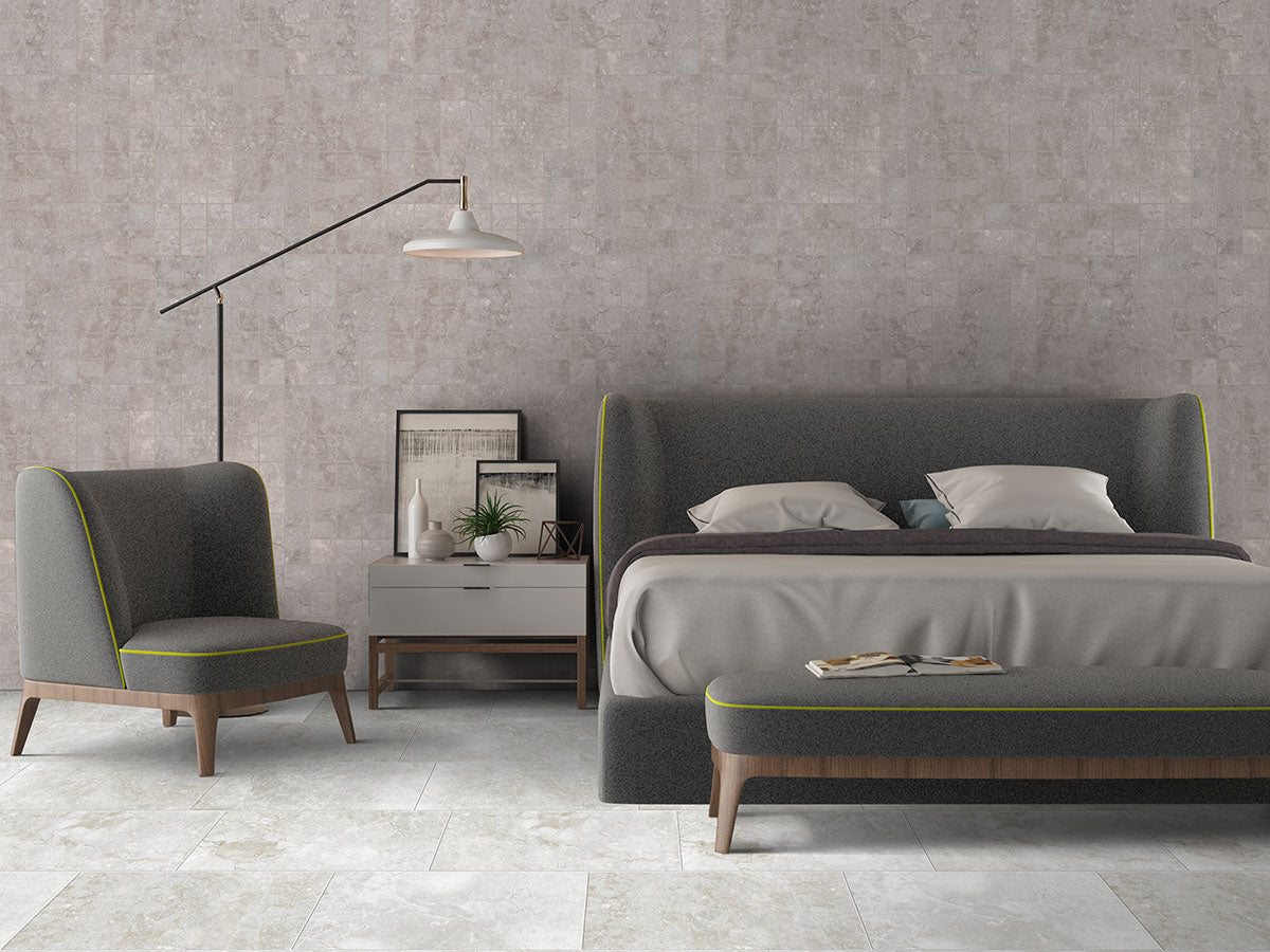 MSI Ansello Grey — surface detail in grey tonality through-bodied porcelain for full-room install