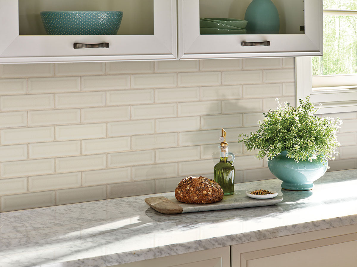 MSI Highland Park Antique White Beveled Tile 2x6 — surface detail in white tonality