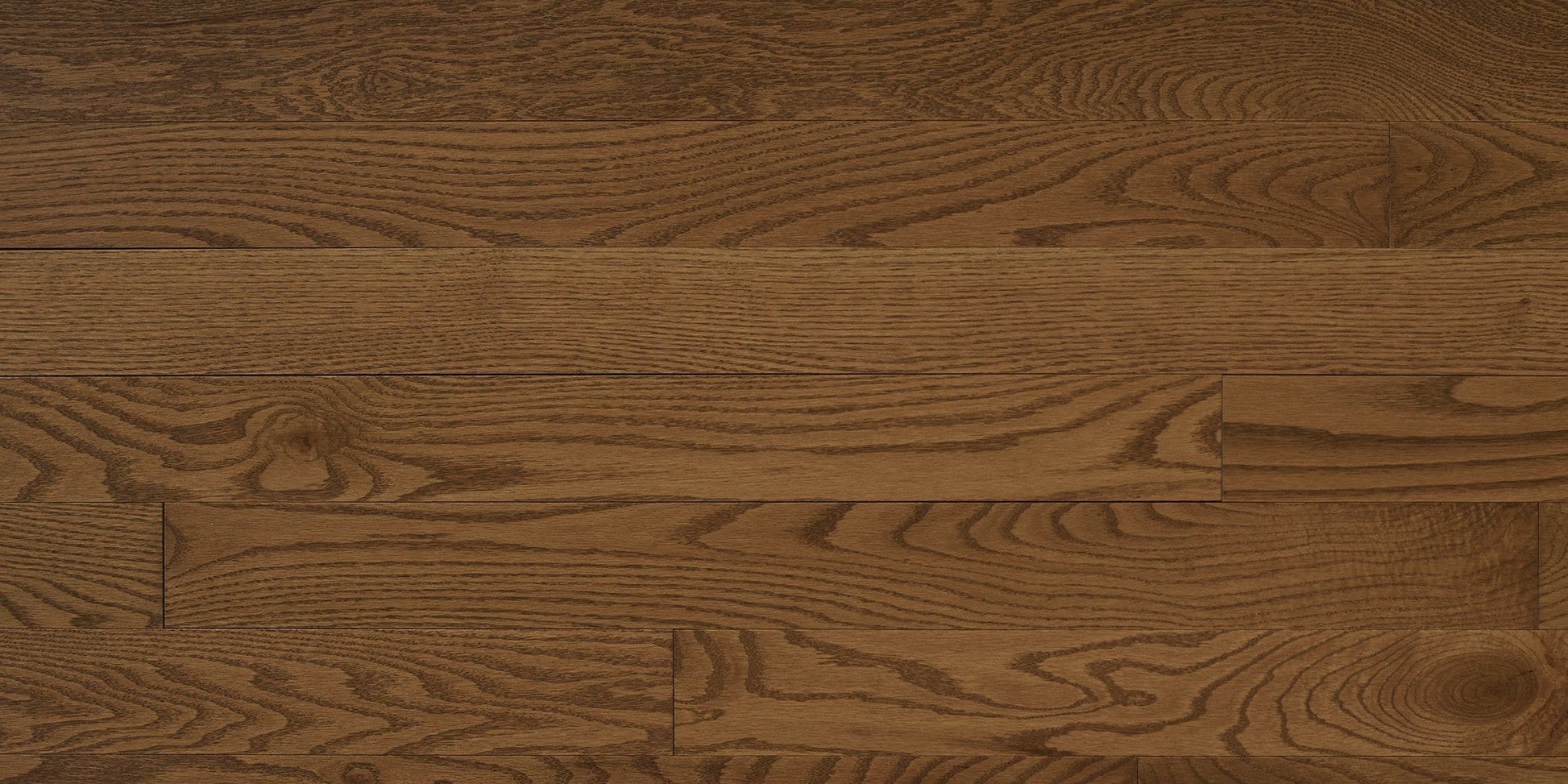 Close-up of Appalachian Signature Red Oak Gunstock solid hardwood plank, 3-1/4 inch, Semi-Gloss Evershine finish.