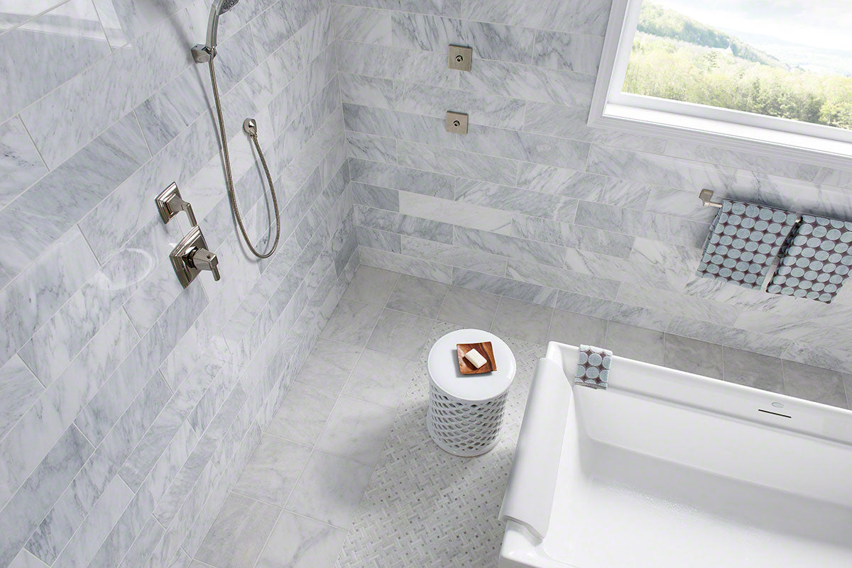 MSI Arabescato Carrara Subway Tile 4x12 — surface detail in natural tonality