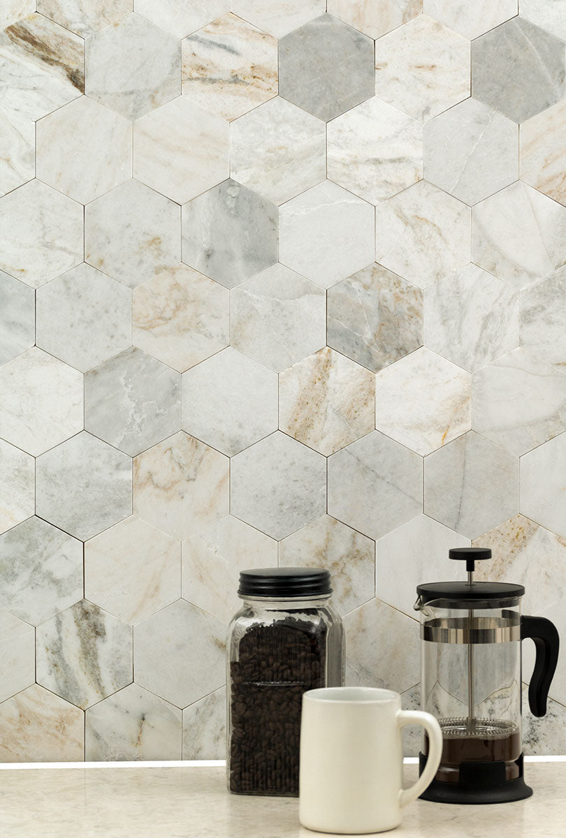 MSI Arabescato Venato 4" Hex Peel and Stick — surface detail in natural tonality