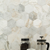 MSI Arabescato Venato 4" Hex Peel and Stick — surface detail in natural tonality
