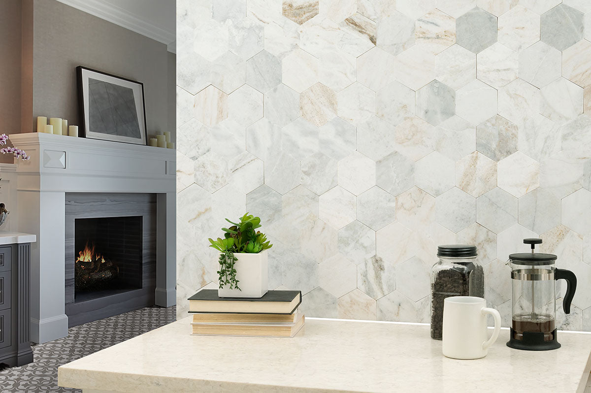 MSI Arabescato Venato 4" Hex Peel and Stick — surface detail in natural tonality