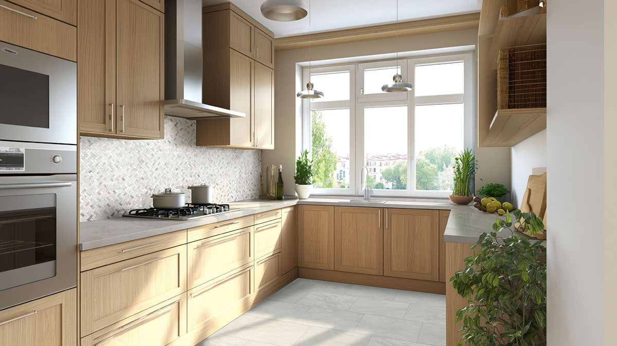 MSI Arabescato Venato Herringbone 1x2 Tile — surface detail in natural tonality